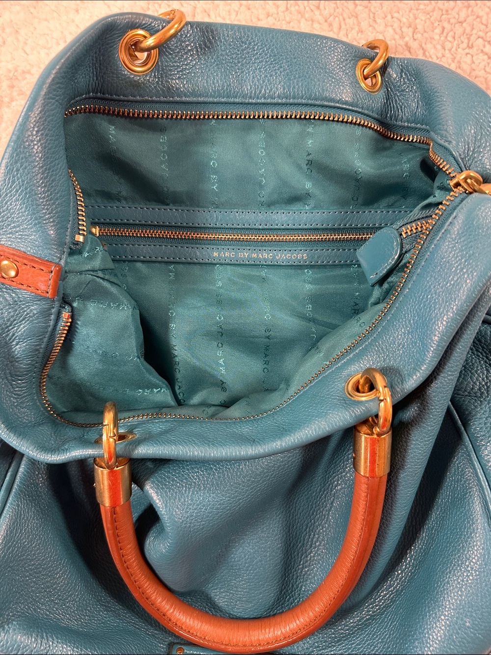 Marc by Marc Jacobs Turquoise Leather Shoulder Bag with Brown Handles - Picture 8 of 8
